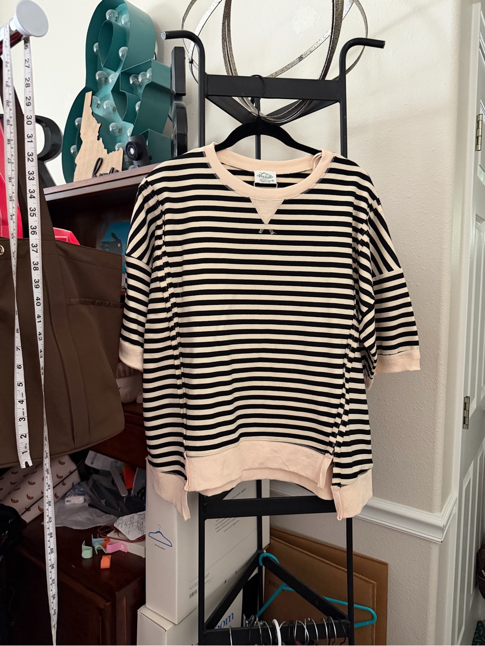 Striped Short-Sleeve Sweater - Black and Cream